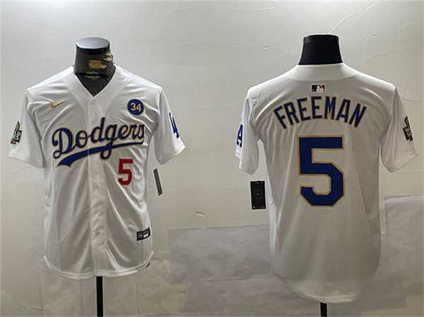 Men%27s Los Angeles Dodgers #5 Freddie Freeman White Gold 2024 World Series With No. 34 Patch Home Limited Stitched Jersey->los angeles dodgers->MLB Jersey